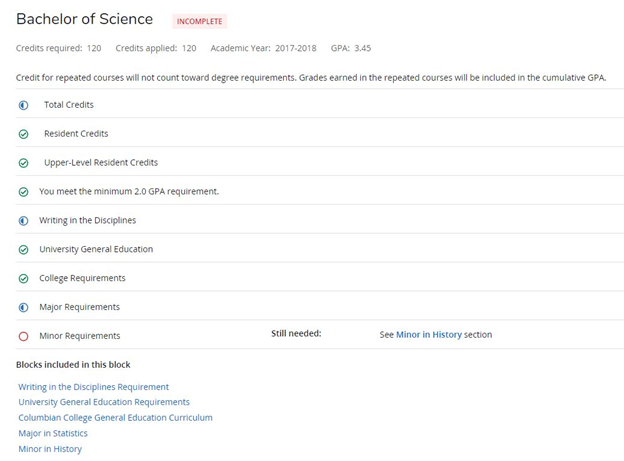 A degree block within the student's DegreeMAP audit displaying various areas of information, including required credits, applied credits, GPA, and other relevant academic details.