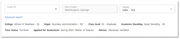 A student data card displaying the student's GWID, name, degree, college, major, class level, academic standing, time status, and advisor information.