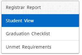 A drop-down menu listing options such as Registrar Report, Student View, Graduation Checklist, and Unmet Requirements, with 'Student View' currently selected.