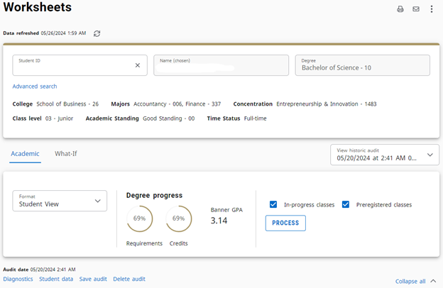 A DegreeMAP audit displaying the student header card and Degree Progress card. The Degree Progress card includes a drop-down menu with a default 'Student View' option, two gauges tracking the percent progress of requirements met and credit hours, and the Banner GPA. Checkboxes allow for including or excluding in-progress and preregistered classes. A process button is provided. Below the card, the audit date is displayed with options for different views, including Diagnostics, Student Data, Save and Delete.