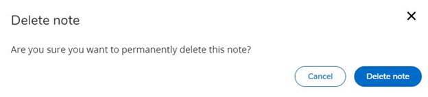 Delete Note block with a prompt asking if you are sure you want to delete the note. Options at the bottom right to either 'Cancel' or 'Delete Note.'