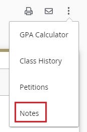 Ellipses dropdown menu with the 'Notes' option selected.