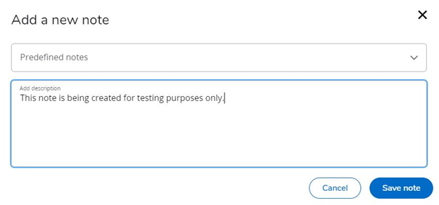 a New Note block featuring a dropdown menu to select the type of note, a description box to enter information, and options to either cancel or save the note.