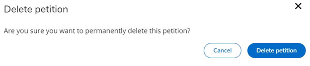 Delete Petition menu displaying a prompt asking if you are sure you want to delete the petition. Two buttons at the bottom right: 'Cancel' and 'Delete Petition.'