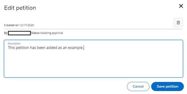 Edit Petition block displaying the creation date, creator, status, and description of the petition. At the bottom right, two buttons are available: 'Cancel' and 'Save Petition'.