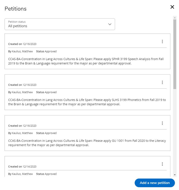 Petition block displaying the status, creation date, creator, and contents of each petition. An 'Add a New Petition' button is located at the bottom right.