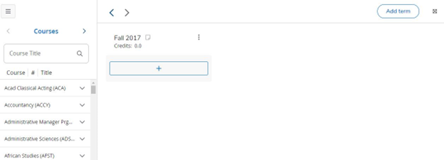 Blank plan template with a plus icon bar for adding course information to the plan.