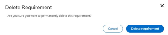 A preview of a window asking if the editor is sure that they want to permanently delete a requirement. The options of 'cancel' or 'delete requirement' are provided.