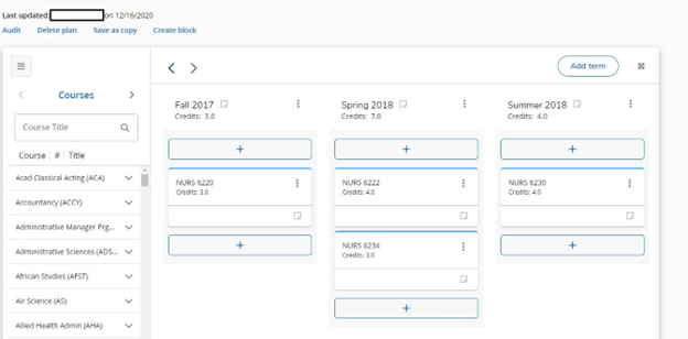 List of plans displaying options to audit, delete, save as a copy, and create a block. Each plan includes the exact date it was created.