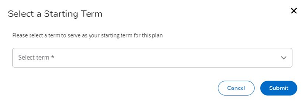 Select a Starting Term block with a dropdown menu to choose a specific term. Two buttons at the bottom: 'Cancel' and 'Submit'.