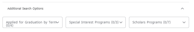 An additional search option menu with search fields for applied graduation term, special interest programs, and scholars programs.