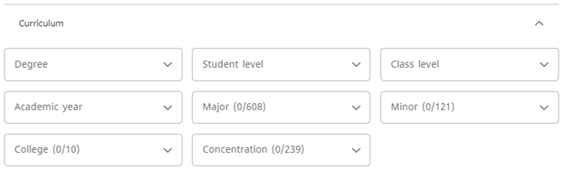 A Curriculum page featuring search options for degree, student level, class level, academic year, minor, college, and concentration.