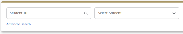 A search menu with a search box to enter a student ID, a drop-down menu to select from a list of students, and an advanced search option listed underneath the student ID box.