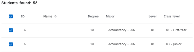 A student search table displaying the GWID, name, degree, major, level and class level of each student that matches the set criteria.