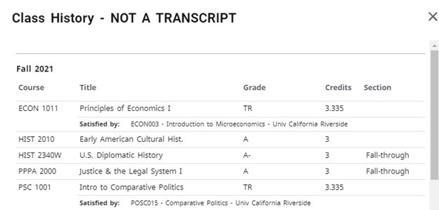 Class History block displaying a list of courses with details including term, course code, course title, grade, credits, and section. A disclaimer indicates that this is not the official transcript.