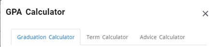 GPA Calculator block offering three options: Graduation Calculator, Term Calculator, and Advice Calculator, designed to help students calculate their GPA and academic progress.