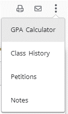Under the elipses, a list is provided with 'GPA Calculator, Class History, Petitions' and 'Notes' as options to choose from.