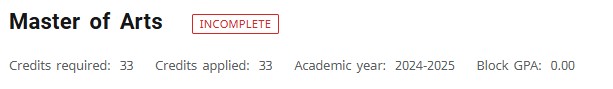 Block header showing block title and indicators for credits required, credits applied, academic year, and block gpa.