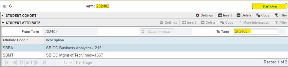 Banner form showing key block term, start over button, and to term highlighted