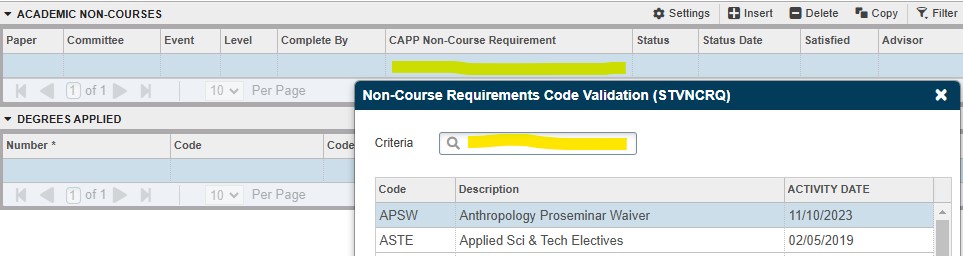 Banner SHANCRS form showing CAPP Non-Course Rrequirement and Non-Course requirements code validation search field highlighted