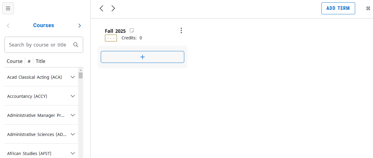 Blank plan template with a plus icon bar for adding course information to the plan.