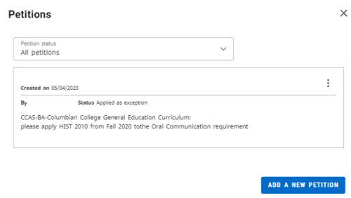 Screenshot of Petitions window showing a Petition status drop down menu with "All petitions" selected. A second text box contains the date the petition was created and the text of the petition. The lower right hand corner contains a button that says "Add a new petition."